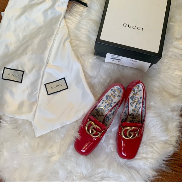 GUCCI Red Patent Vernice Block Heel GG Pumps - Picture 7 of 9